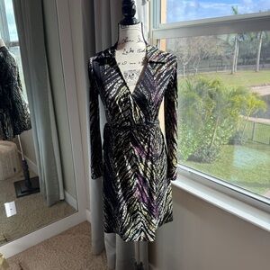 Stretch Wrap Dress | Zebra Print | V-Neck | Long Sleeve | Multicolor XS